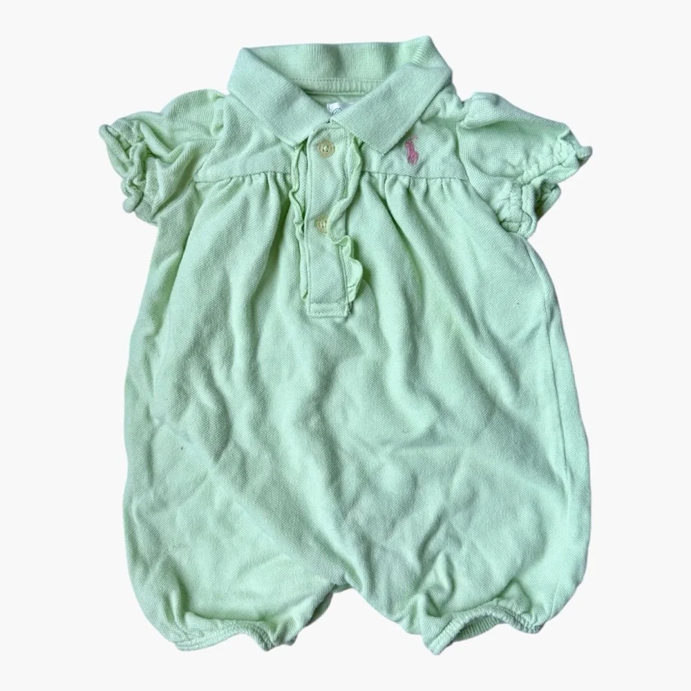 Ralph Lauren Baby Girl Romper 3M Mint Green Pony Pique Bubble Classic Preppy - Picture 1 of 4